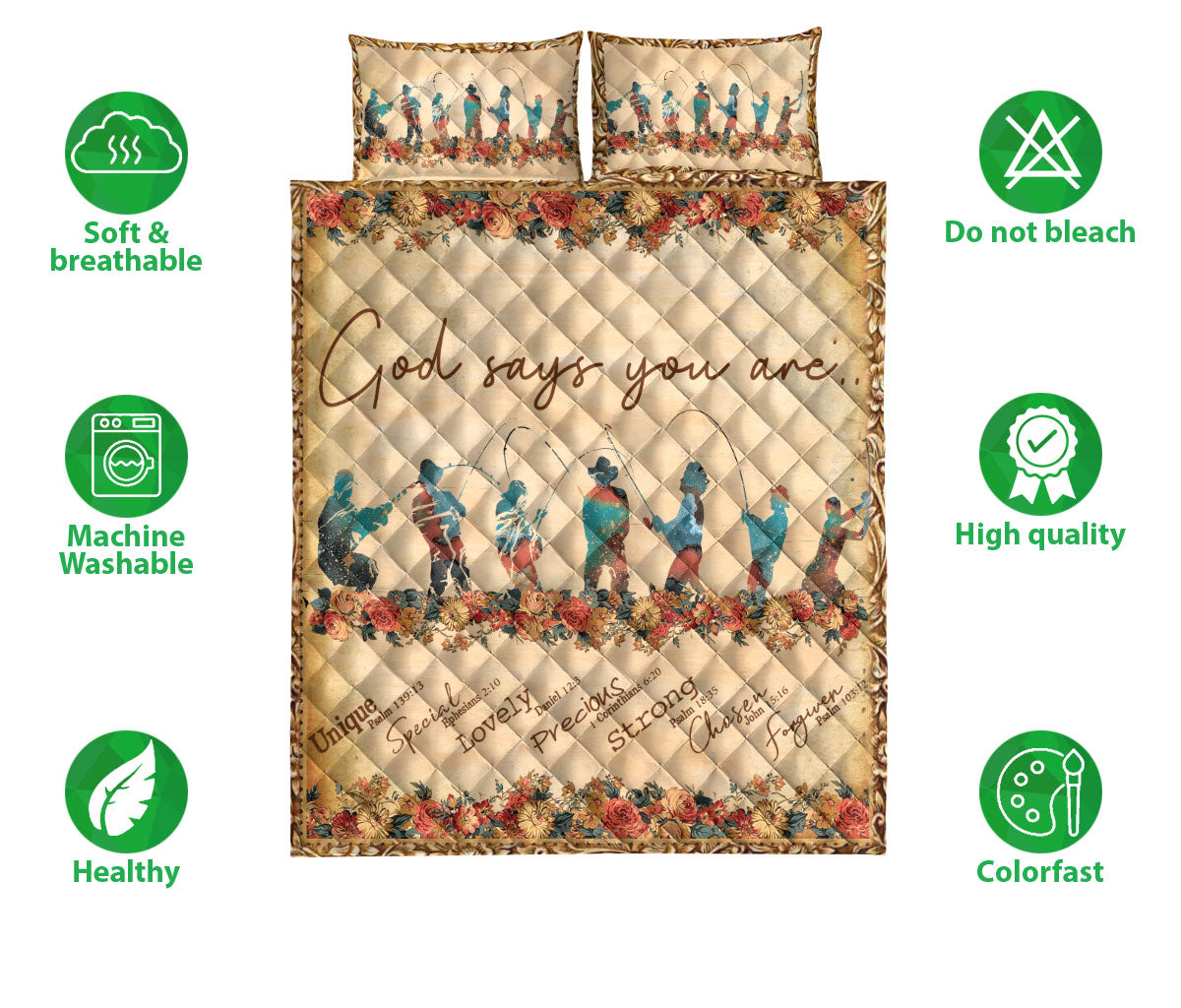 Fishing Quilt Set, Flower Fishing God Say You Are Quilt Blanket With Pillowcases, Quilt Bedding Set