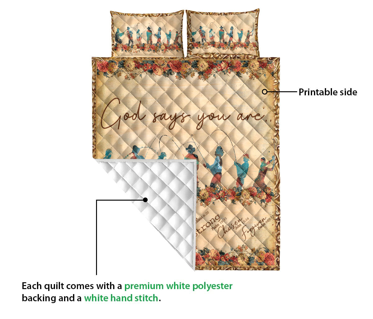 Fishing Quilt Set, Flower Fishing God Say You Are Quilt Blanket With Pillowcases, Quilt Bedding Set