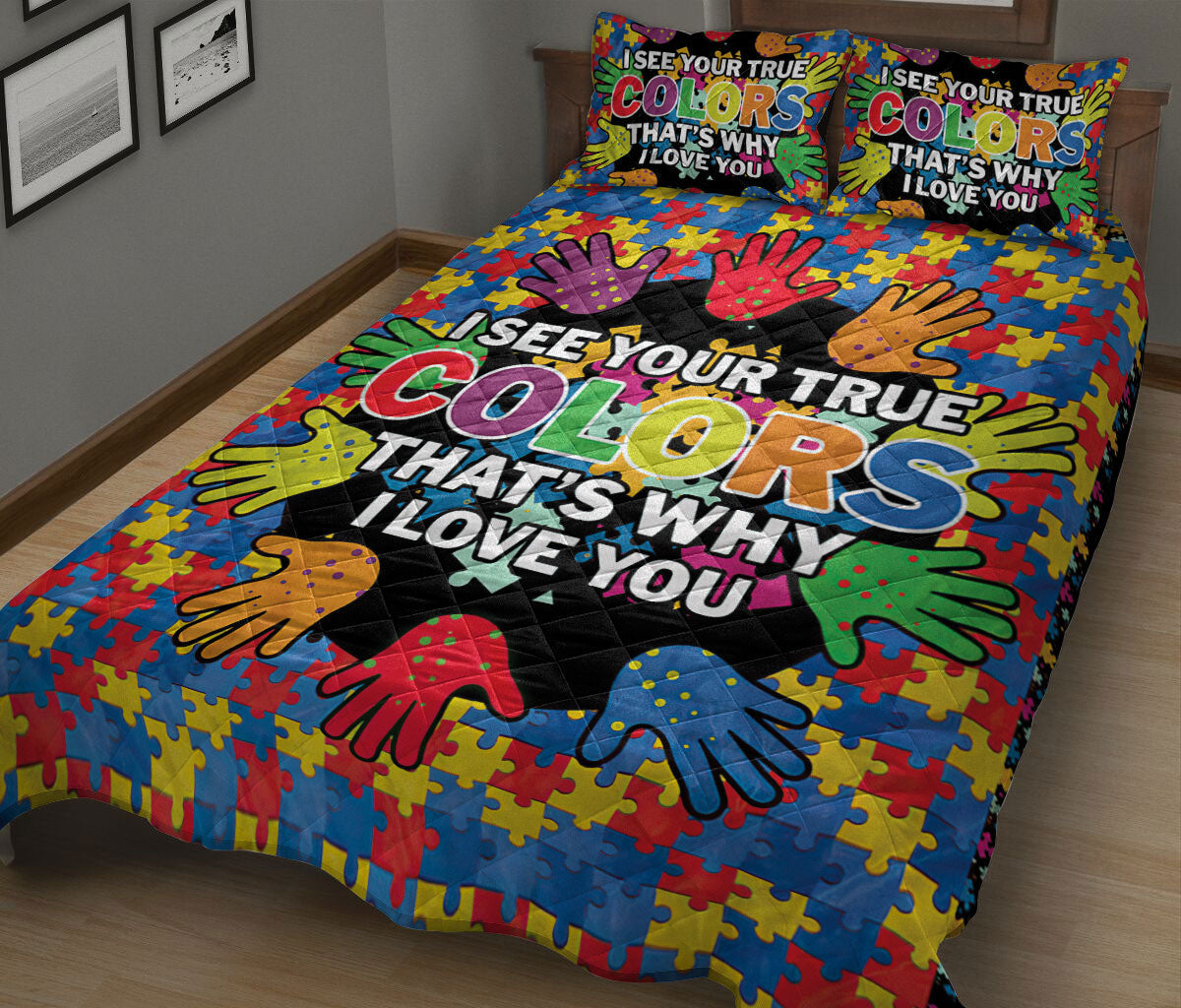 Autism Quilt Set, I See Your True Color Autism Awareness Hand Puzzle Piece Quilt Blanket With Pillowcases, Quilt Bedding Set