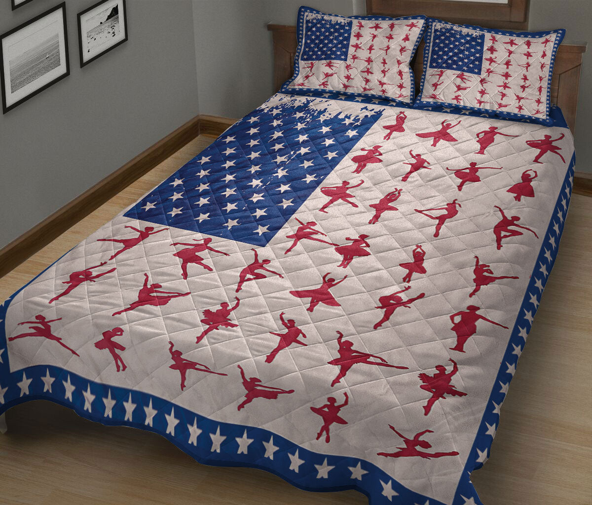 Ballet Quilt Set, Ballet Dancer Posing Us Flag Ballet Dancing Quilt Blanket With Pillowcases, Quilt Bedding Set