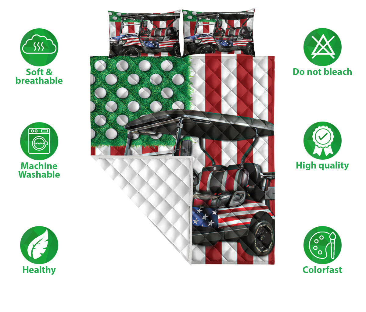 Golf Quilt Set, America Us Flag Golf Cart Golf Player Quilt Blanket With Pillowcases, Quilt Bedding Set