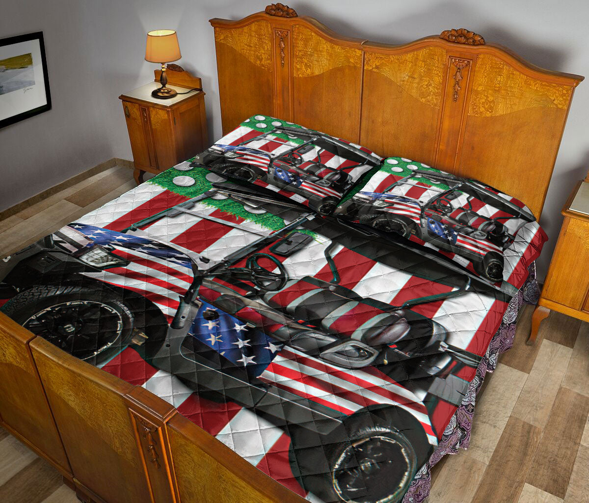 Golf Quilt Set, America Us Flag Golf Cart Golf Player Quilt Blanket With Pillowcases, Quilt Bedding Set
