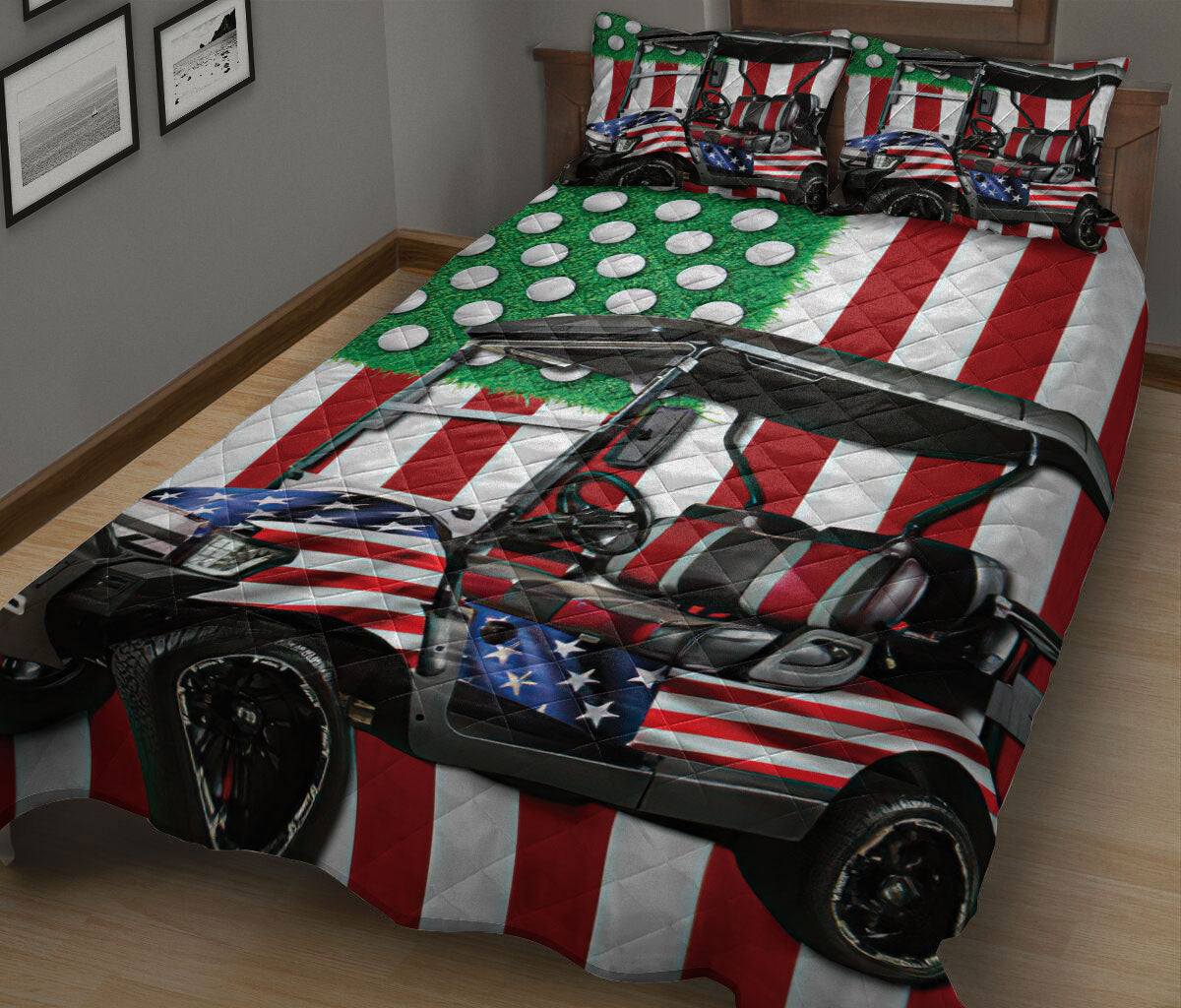 Golf Quilt Set, America Us Flag Golf Cart Golf Player Quilt Blanket With Pillowcases, Quilt Bedding Set
