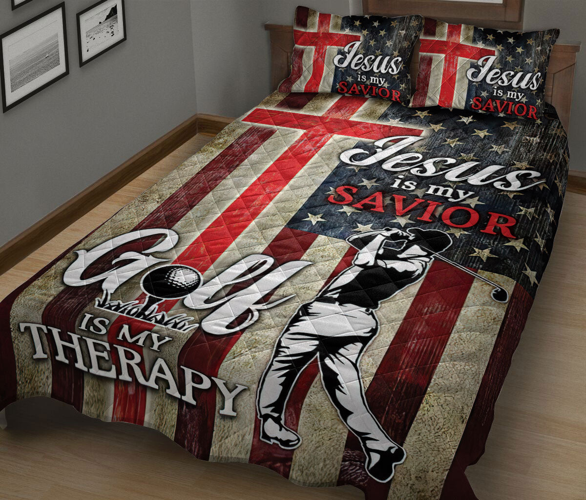 Golf Quilt Set, Jesus Is My Savior Golf Is My Therapy Golfer Golf Player Quilt Blanket With Pillowcases, Quilt Bedding Set