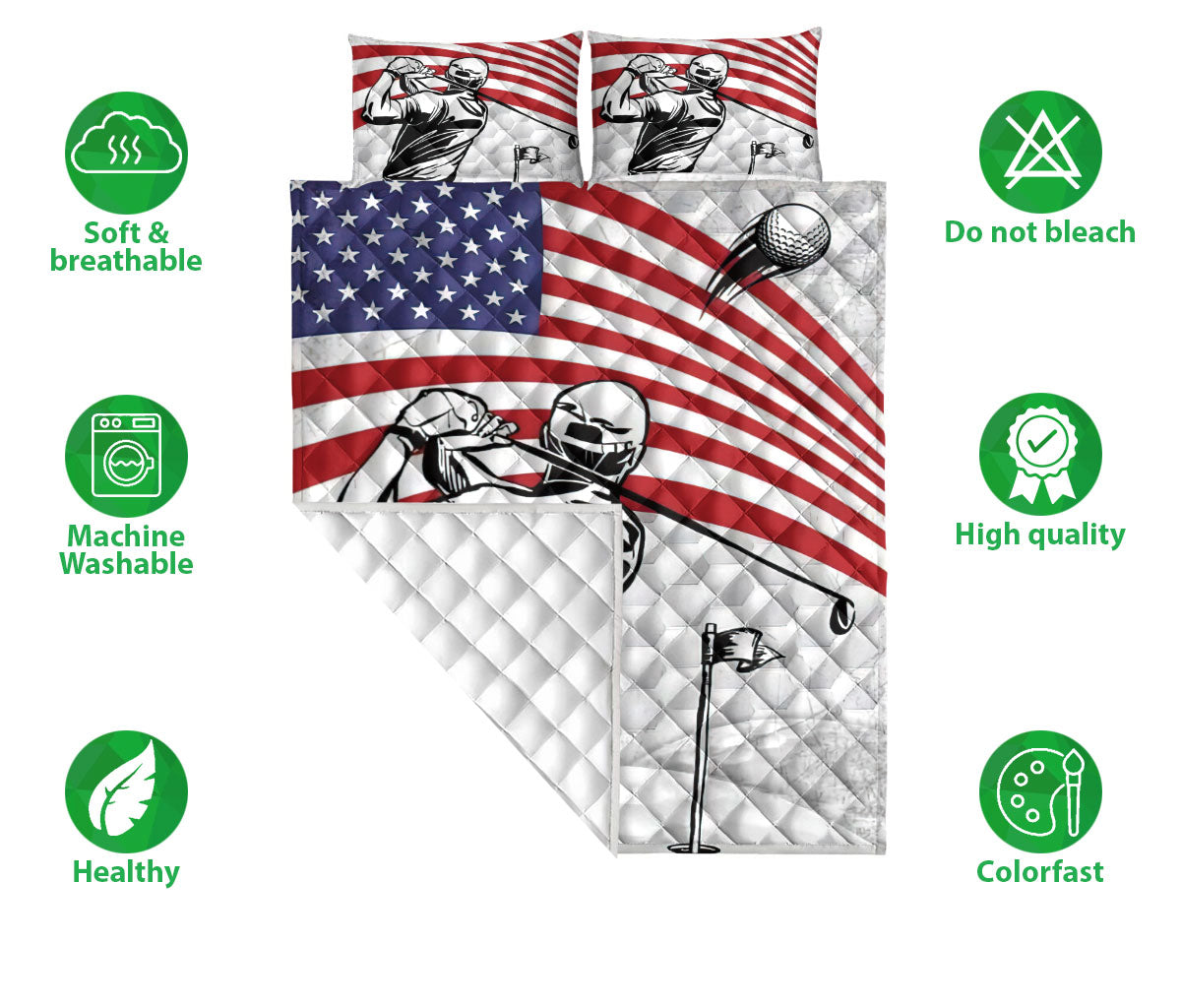 Golf Quilt Set, Patriotic Golf Player Us Flag Golfer Golfing White Quilt Blanket With Pillowcases, Quilt Bedding Set