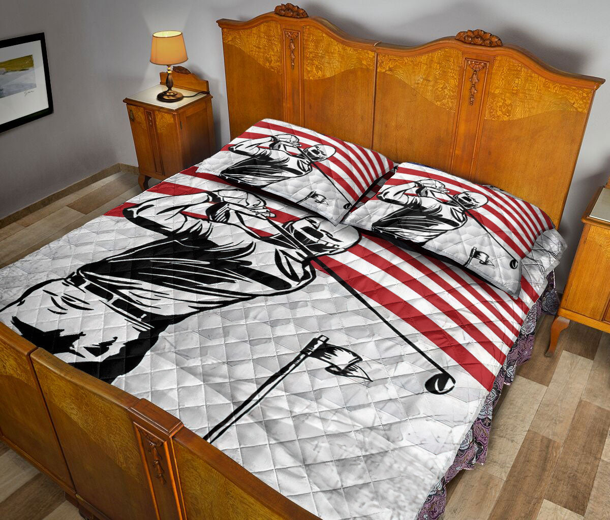 Golf Quilt Set, Patriotic Golf Player Us Flag Golfer Golfing White Quilt Blanket With Pillowcases, Quilt Bedding Set