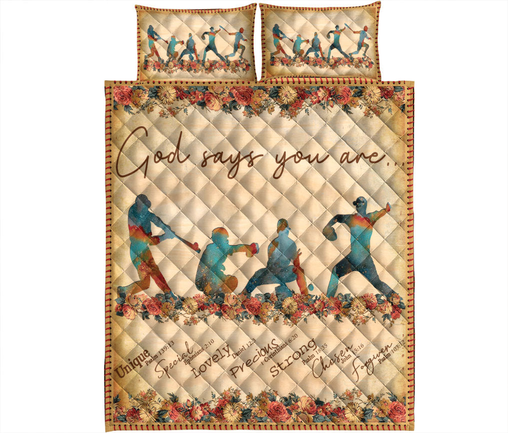 Baseball Quilt Set, Vintage God Say You Are Softball Baseball Player Pose Flower Quilt Blanket With Pillowcases, Quilt Bedding Set, Sports Gifts