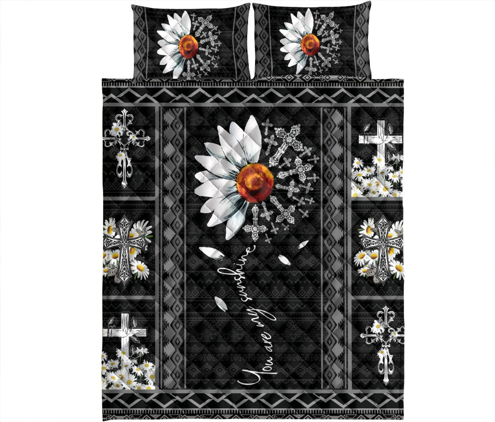 Christian, Jesus, God, Bible Quilt Set, Black White Daisy God Jesus You Are My Sunshine Crossian Quilt Blanket With Pillowcases, Quilt Bedding Set