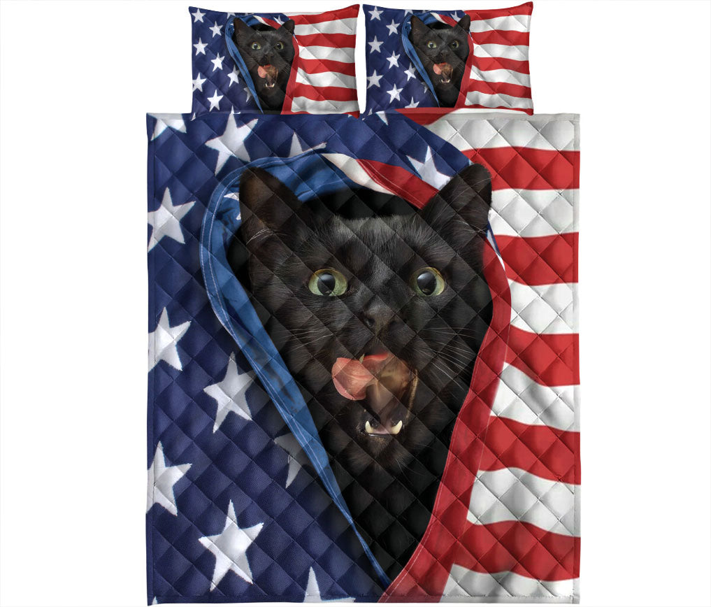 Black Cat,Cat Quilt Set, Patriotic Black Cat American Us Flag Quilt Blanket With Pillowcases, Quilt Bedding Set