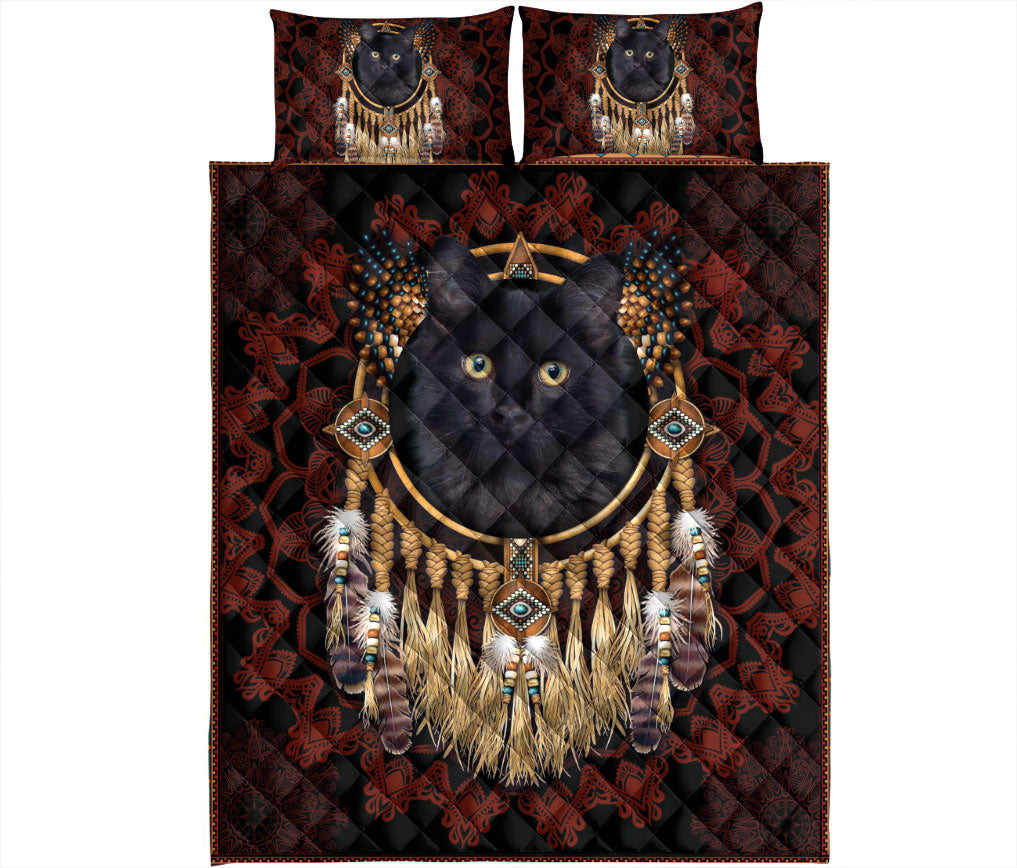 Black Cat,Cat Quilt Set, Black Cat Dreamcatcher Native Black Red Quilt Blanket With Pillowcases, Quilt Bedding Set