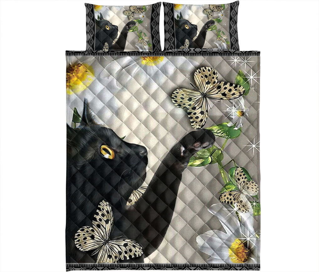 Black Cat,Cat Quilt Set, Black Cat Butterfly Flower Quilt Blanket With Pillowcases, Quilt Bedding Set