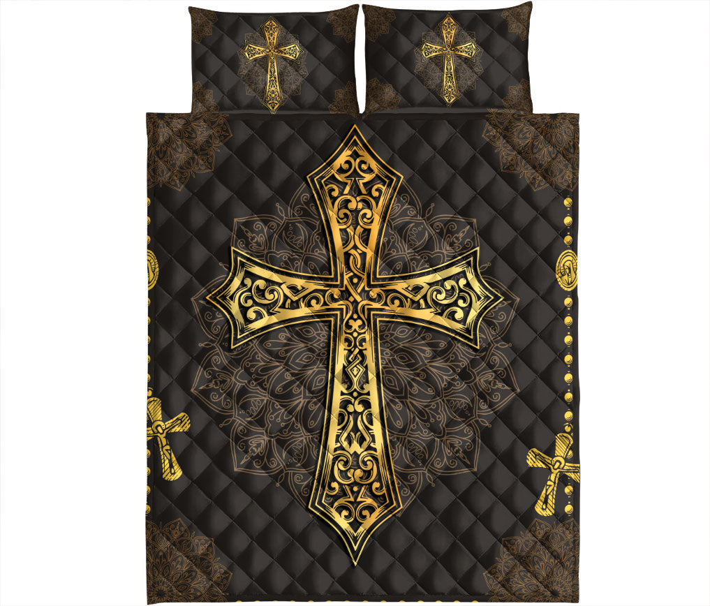 Christian, Jesus, God, Bible Quilt Set, Mandala Yellow Black Jesus Crossian Religio Us Quilt Blanket With Pillowcases, Quilt Bedding Set
