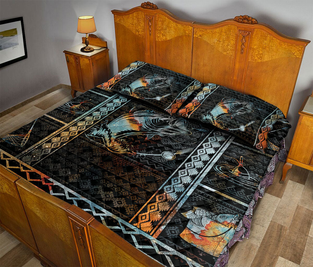 Fishing Quilt Set, Patchwork Fly Bass Fissh Fishing Quilt Blanket With Pillowcases, Quilt Bedding Set