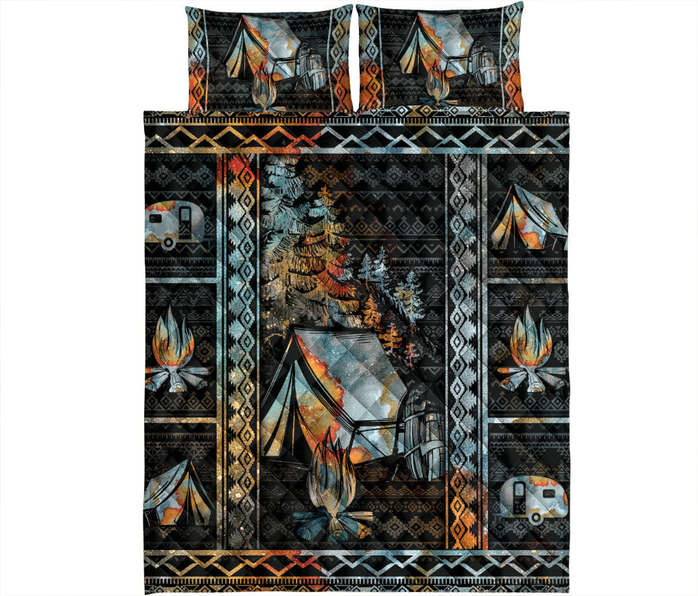 Camping Quilt Set, Camping Camper Camfire Tent Patchwork Quilt Blanket With Pillowcases, Quilt Bedding Set