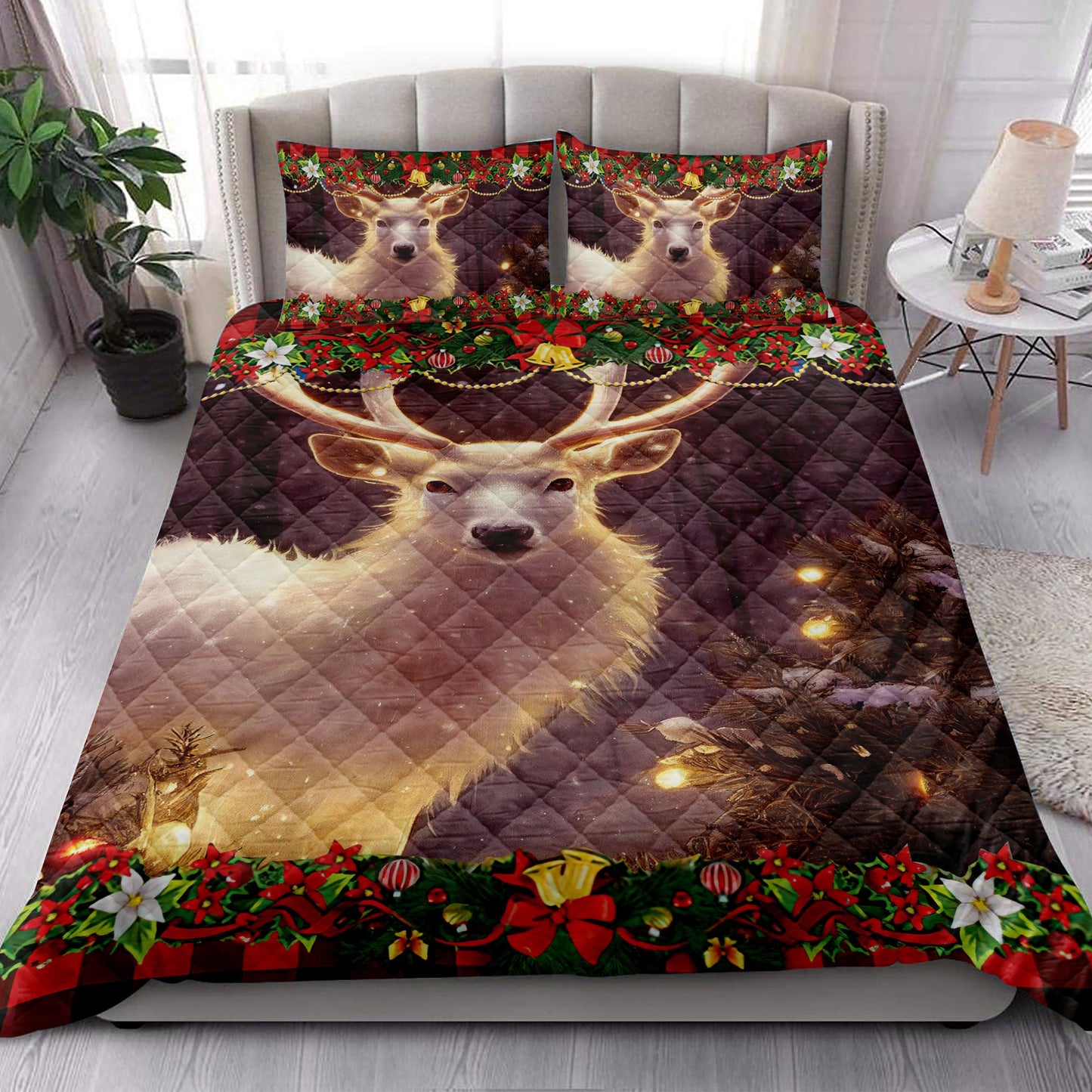 Deer Quilt Set, Mystic White Deer Withmas Light Quilt Blanket With Pillowcases, Quilt Bedding Set, Christmas Gift