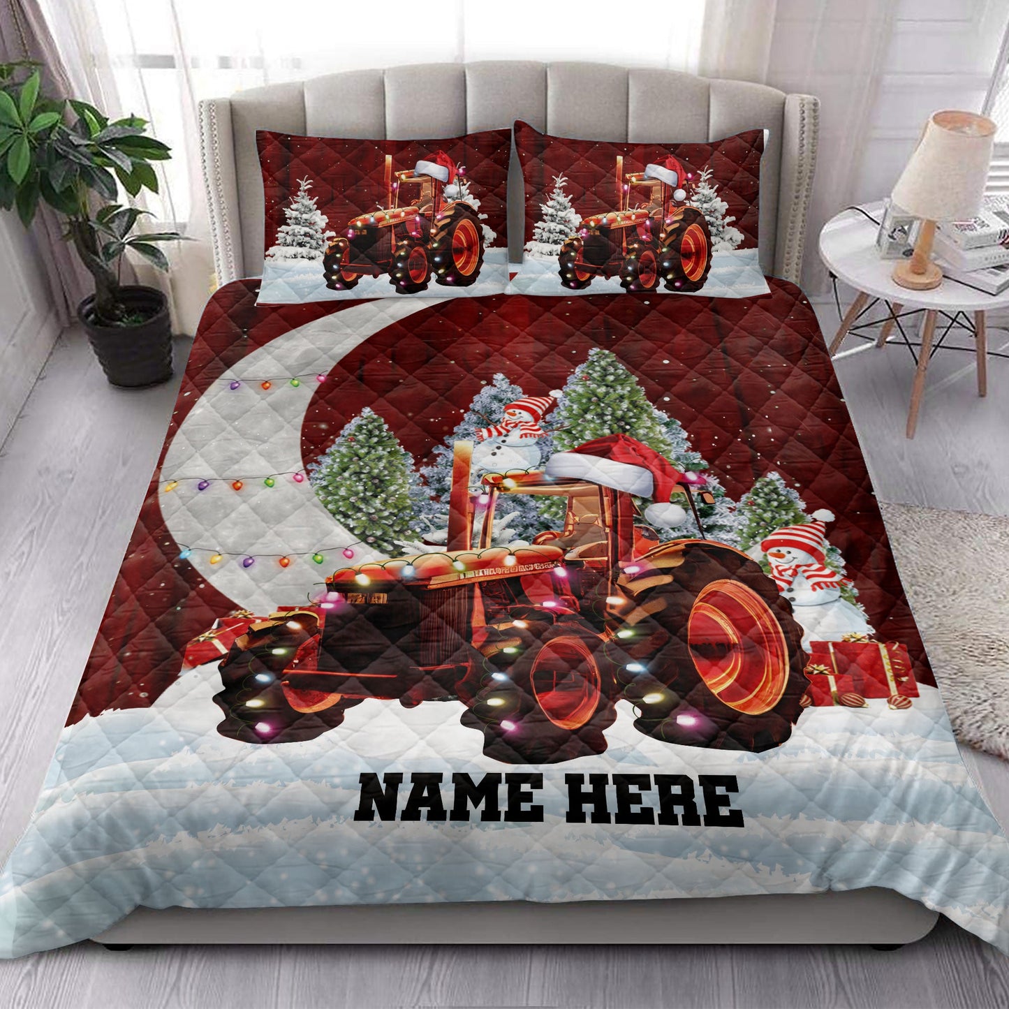 Personalized Tractor Quilt Set, Red Tractormas Hat String Lights Quilt Blanket With Pillowcases, Custom Name Quilt Bedding Set, Christmas Gift
