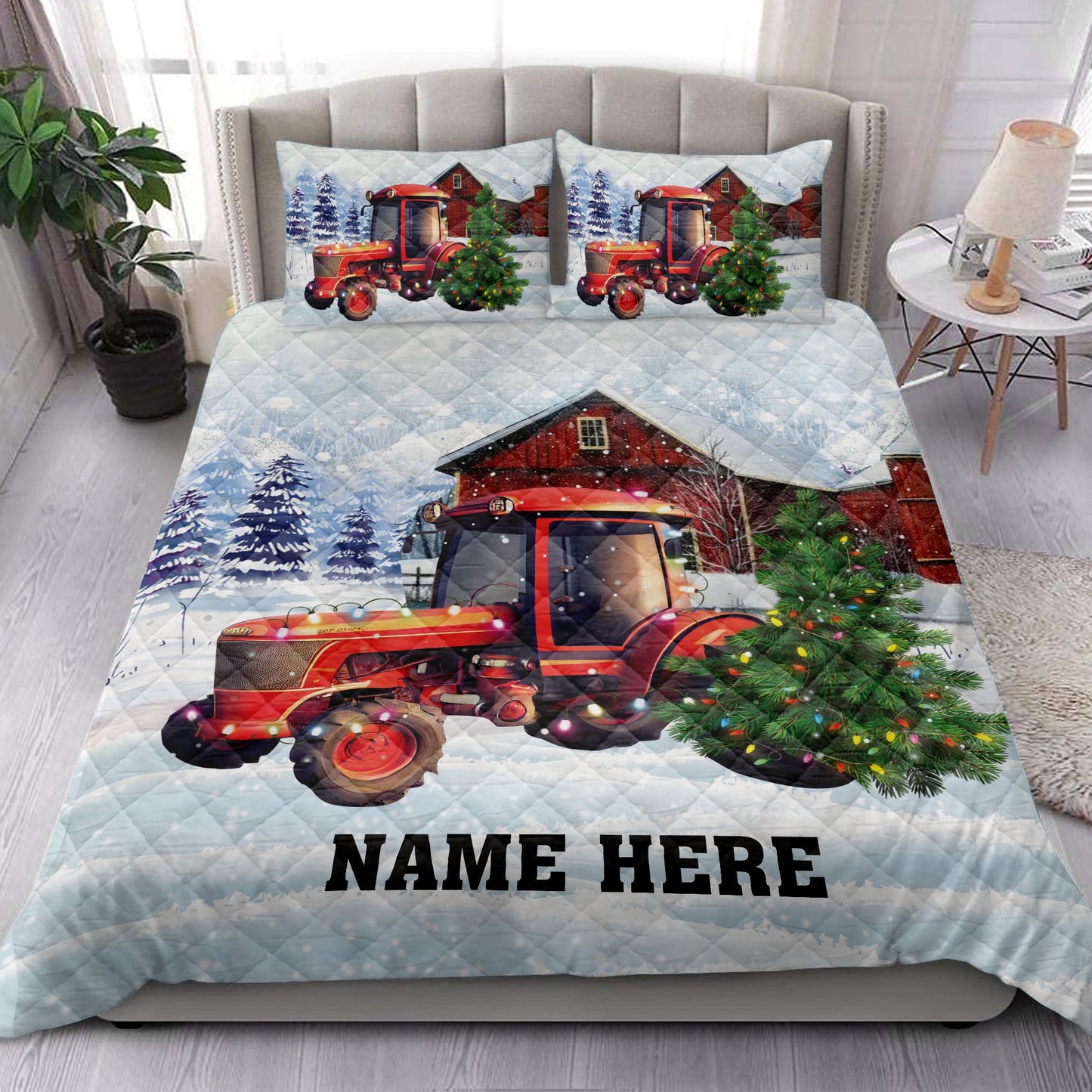 Personalized Tractor Quilt Set, Red Tractormas Tree Farm Country Quilt Blanket With Pillowcases, Custom Name Quilt Bedding Set, Christmas Gift