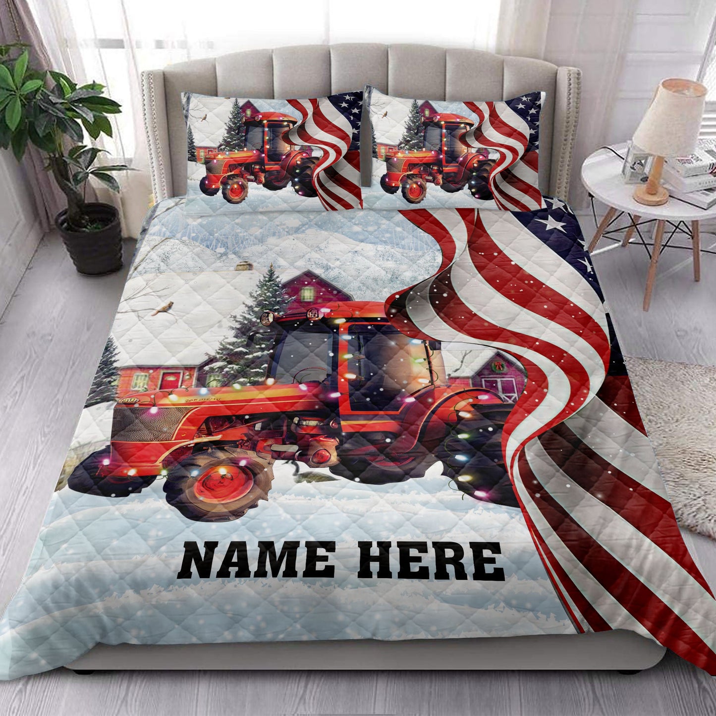 Personalized Tractor Quilt Set, Red Tractormas String Light Us Flag Quilt Blanket With Pillowcases, Custom Name Quilt Bedding Set, Christmas Gift