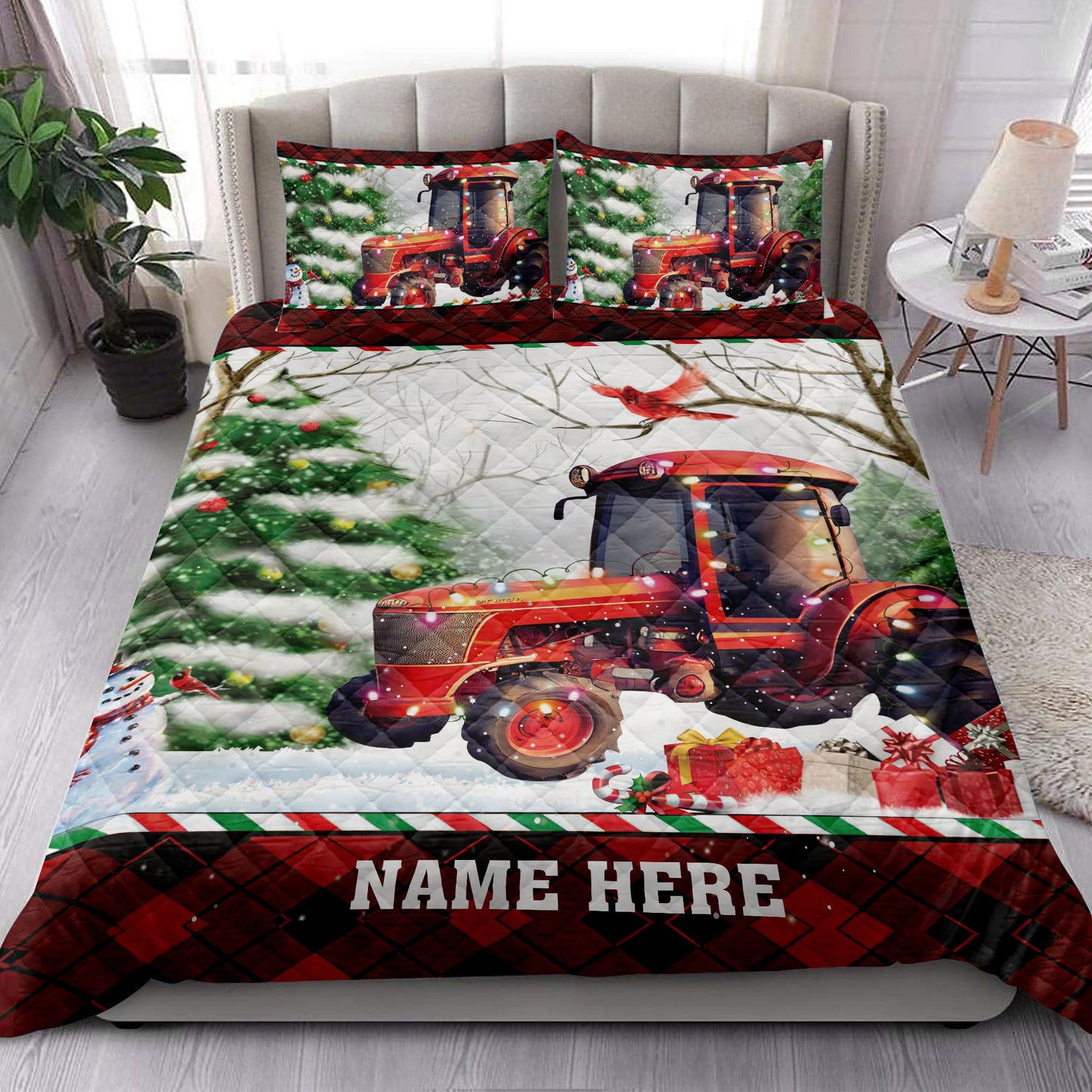 Personalized Tractor Quilt Set, Red Tractor Snowmas Tree Quilt Blanket With Pillowcases, Custom Name Quilt Bedding Set, Christmas Gift