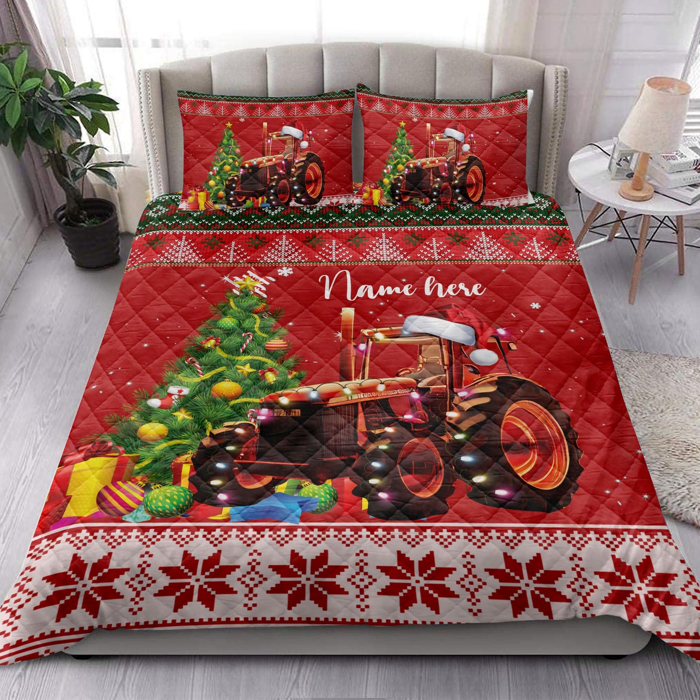 Personalized Tractor Quilt Set, Red Tractormas Hat Farm Country Quilt Blanket With Pillowcases, Custom Name Quilt Bedding Set, Christmas Gift