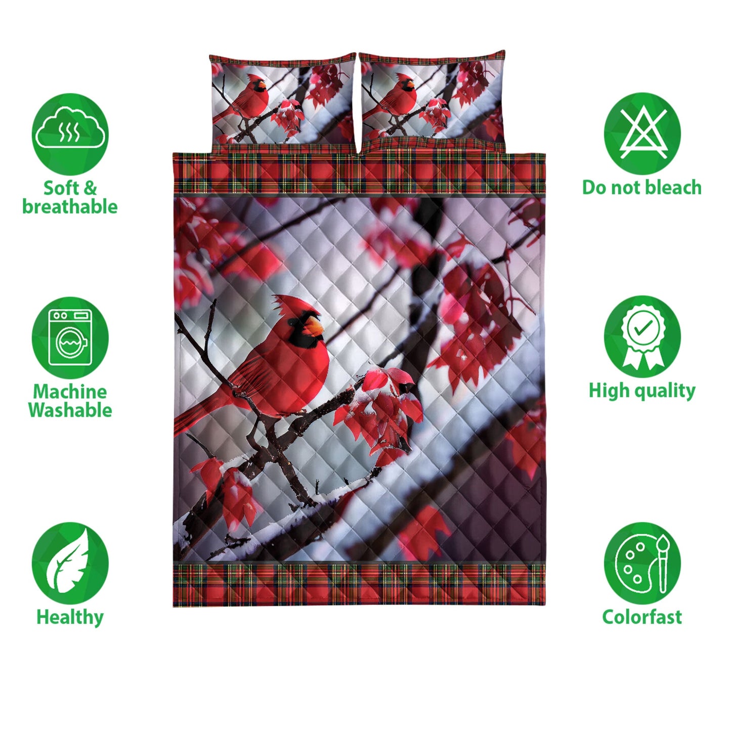 Cardinal Quilt Set, Cardinal Bird Snowflake Red Maple Leaf Buffalo Plaidmas Quilt Blanket With Pillowcases, Quilt Bedding Set, Christmas Gift