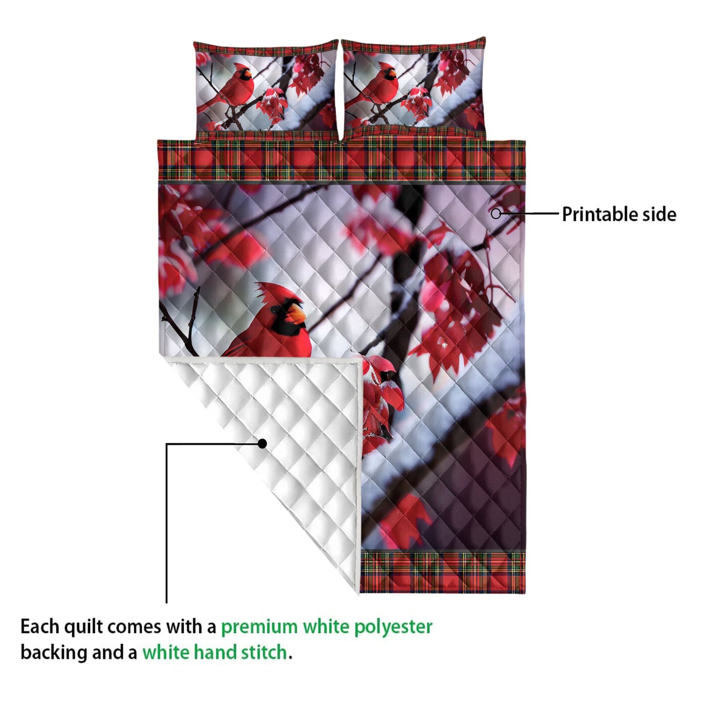 Cardinal Quilt Set, Cardinal Bird Snowflake Red Maple Leaf Buffalo Plaidmas Quilt Blanket With Pillowcases, Quilt Bedding Set, Christmas Gift