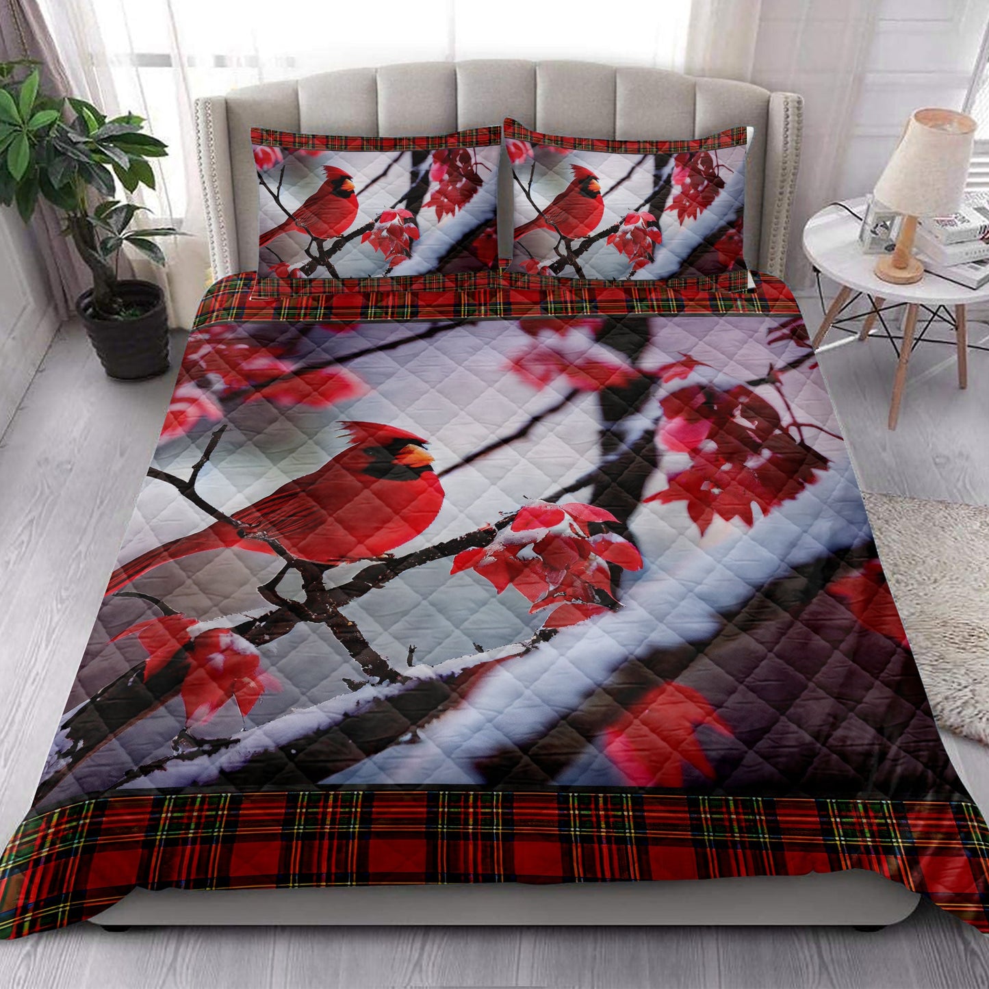 Cardinal Quilt Set, Cardinal Bird Snowflake Red Maple Leaf Buffalo Plaidmas Quilt Blanket With Pillowcases, Quilt Bedding Set, Christmas Gift