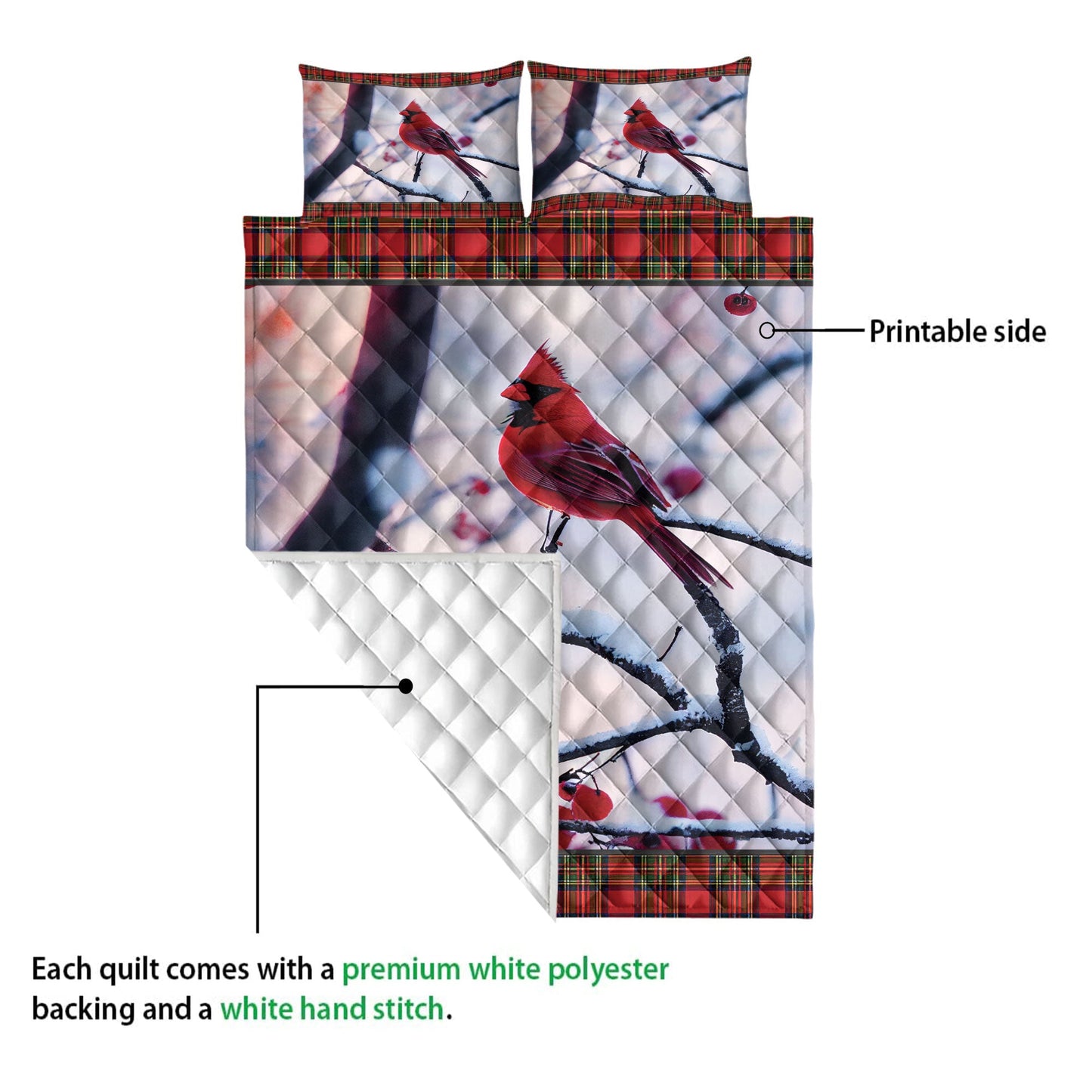 Cardinal Quilt Set, Cardinal Perched In A Cherry Tree Snowflake Buffalo Plaidmas Quilt Blanket With Pillowcases, Quilt Bedding Set, Christmas Gift