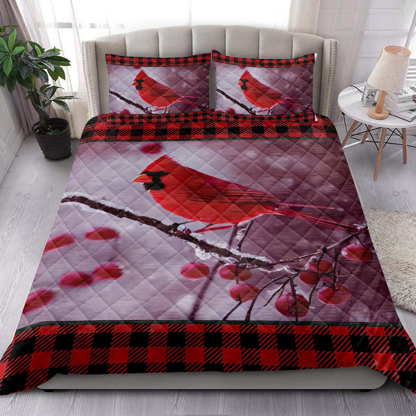Cardinal Quilt Set, Red Cardinal Cherry Tree Snowflake Red Buffalo Plaid Bird Quilt Blanket With Pillowcases, Quilt Bedding Set