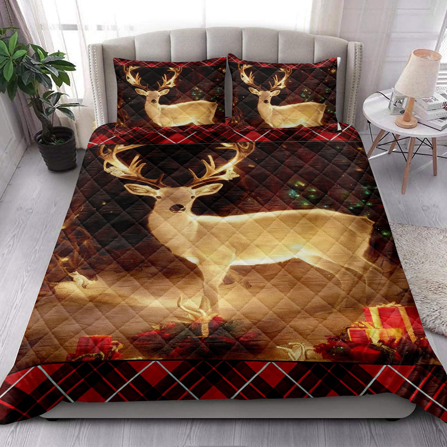 Deer Quilt Set, White Deer Inest Withmassmass Quilt Blanket With Pillowcases, Quilt Bedding Set, Christmas Gift