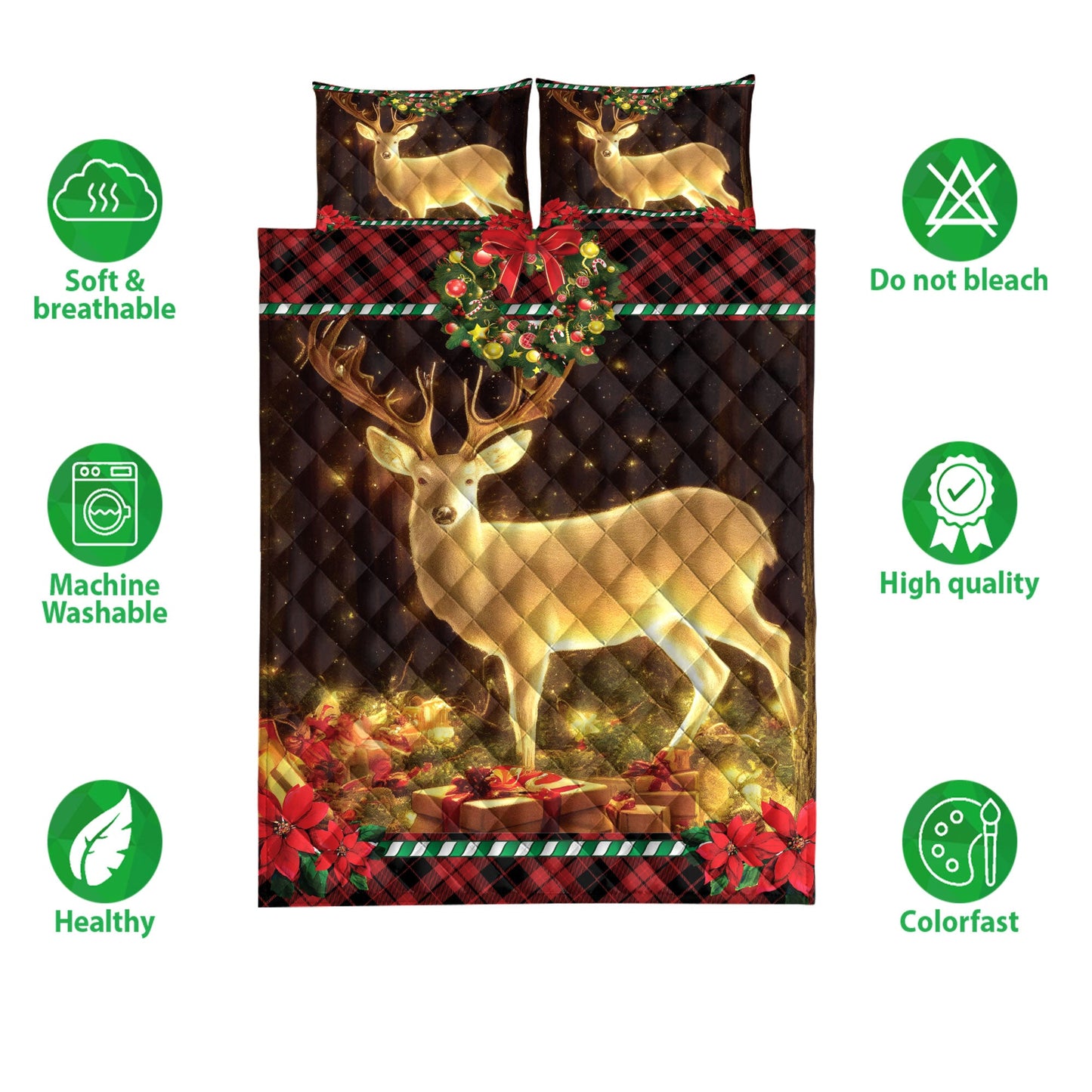 Deer Quilt Set, Beautiful Deer Inest With Wreath Chrismasmass Quilt Blanket With Pillowcases, Quilt Bedding Set, Christmas Gift