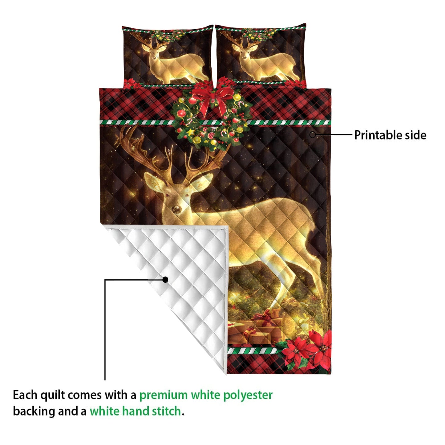 Deer Quilt Set, Beautiful Deer Inest With Wreath Chrismasmass Quilt Blanket With Pillowcases, Quilt Bedding Set, Christmas Gift