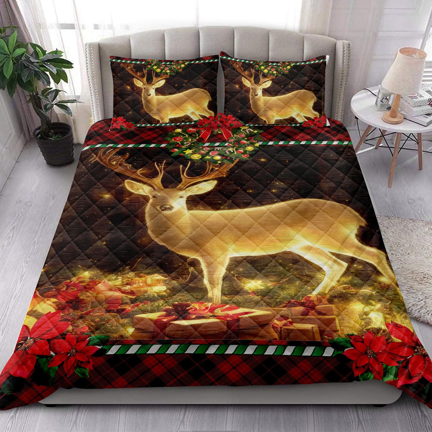 Deer Quilt Set, Beautiful Deer Inest With Wreath Chrismasmass Quilt Blanket With Pillowcases, Quilt Bedding Set, Christmas Gift