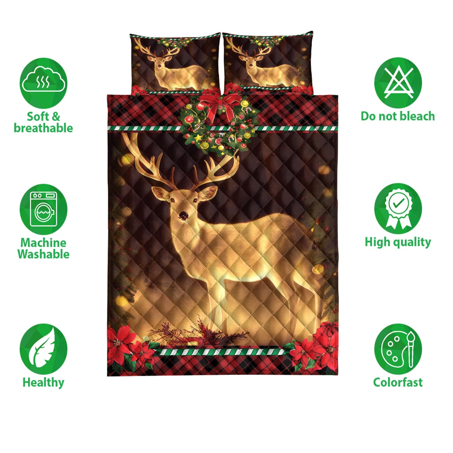 Deer Quilt Set, Lovely Deer Inest With Wreathmass Quilt Blanket With Pillowcases, Quilt Bedding Set, Christmas Gift