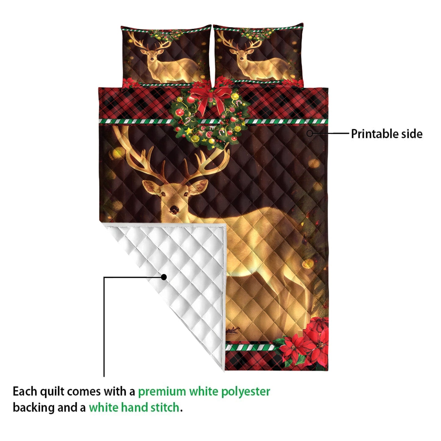 Deer Quilt Set, Lovely Deer Inest With Wreathmass Quilt Blanket With Pillowcases, Quilt Bedding Set, Christmas Gift