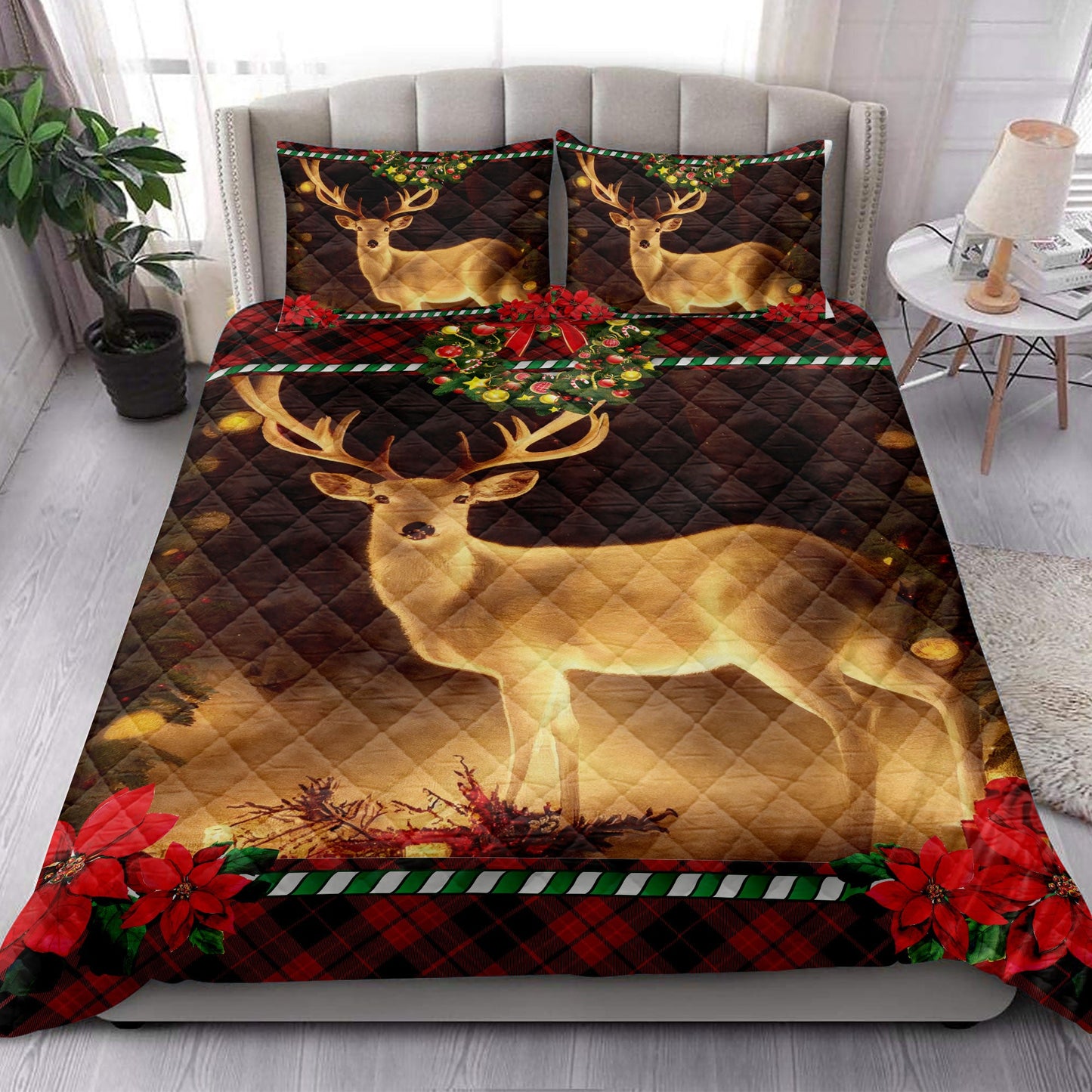 Deer Quilt Set, Lovely Deer Inest With Wreathmass Quilt Blanket With Pillowcases, Quilt Bedding Set, Christmas Gift