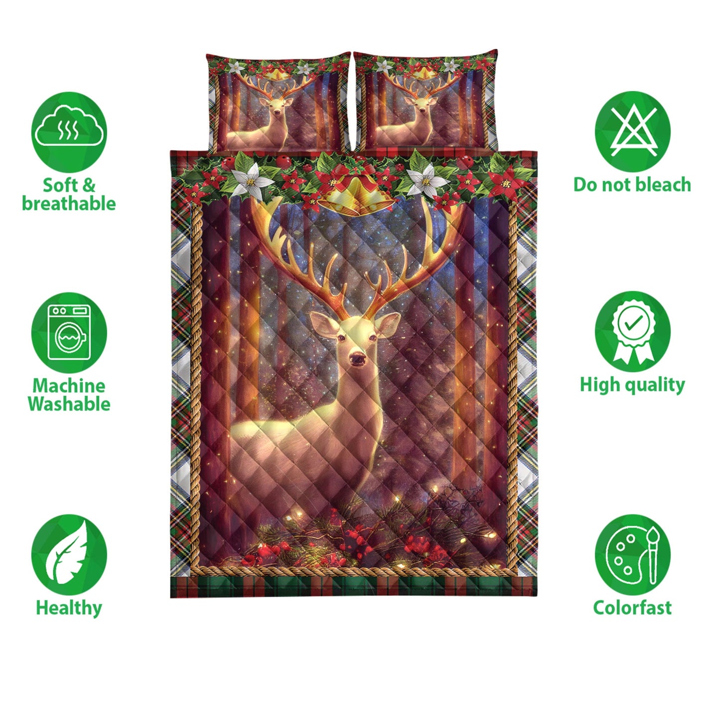 Deer Quilt Set, White Deer Withmas Lightmass Quilt Blanket With Pillowcases, Quilt Bedding Set, Christmas Gift