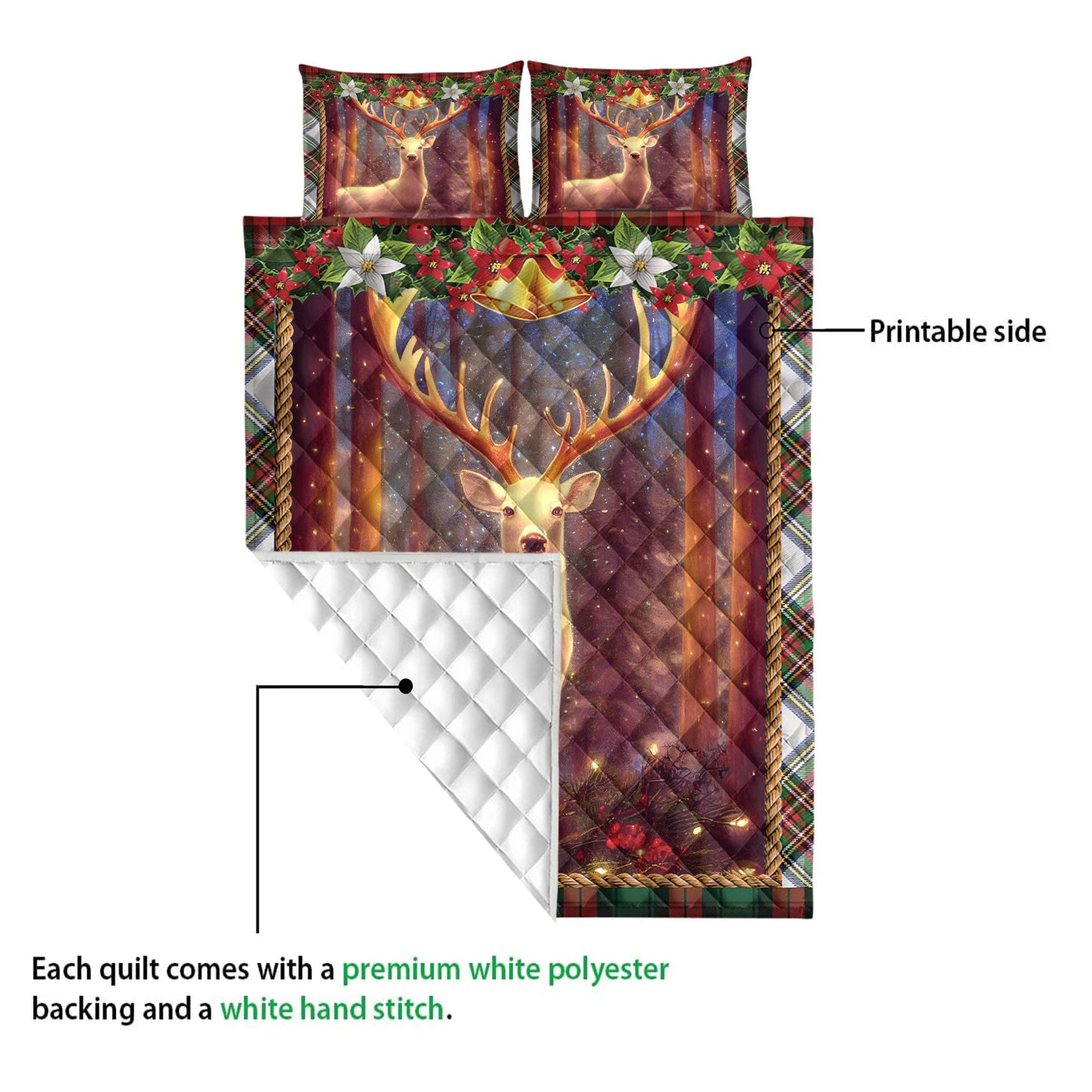 Deer Quilt Set, White Deer Withmas Lightmass Quilt Blanket With Pillowcases, Quilt Bedding Set, Christmas Gift