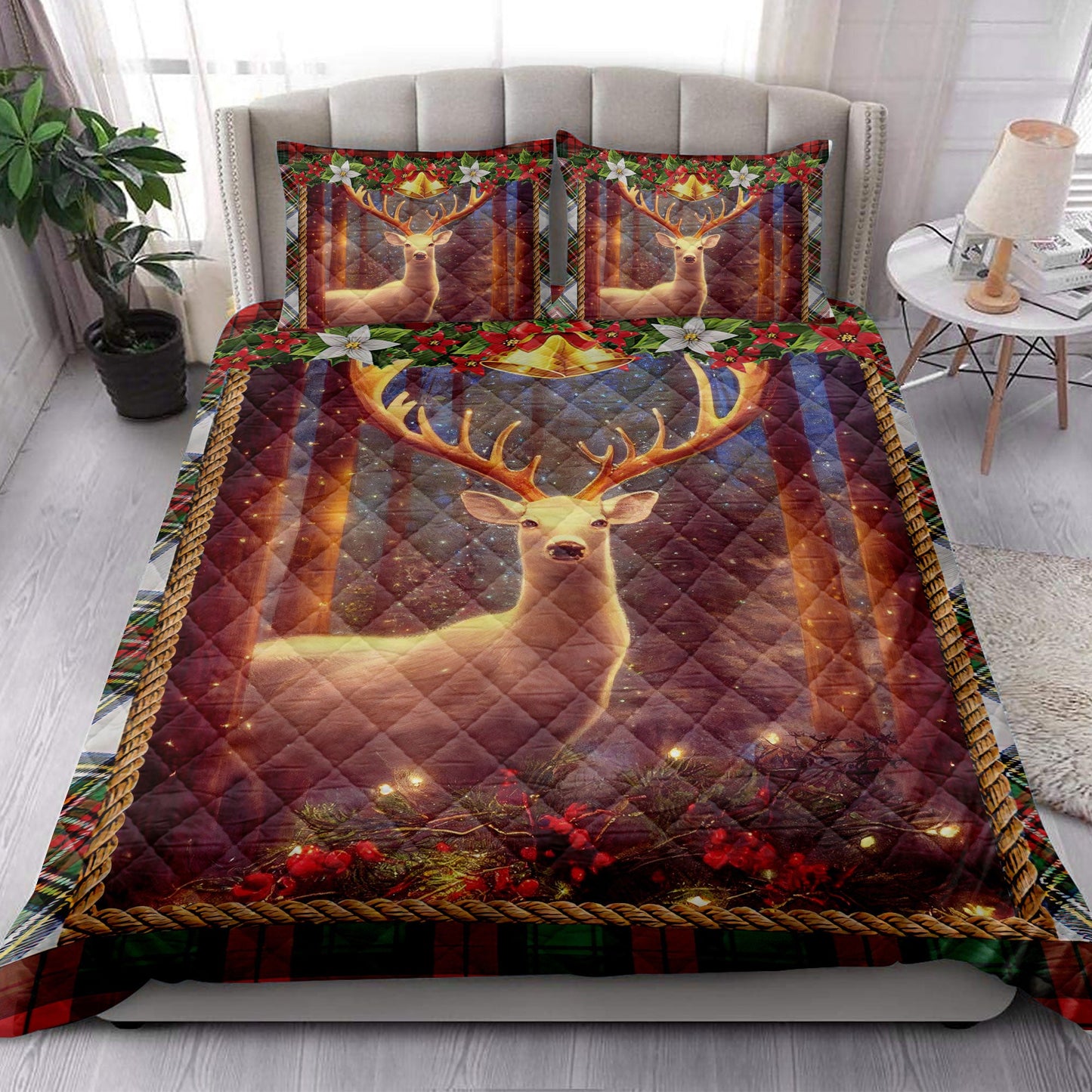 Deer Quilt Set, White Deer Withmas Lightmass Quilt Blanket With Pillowcases, Quilt Bedding Set, Christmas Gift
