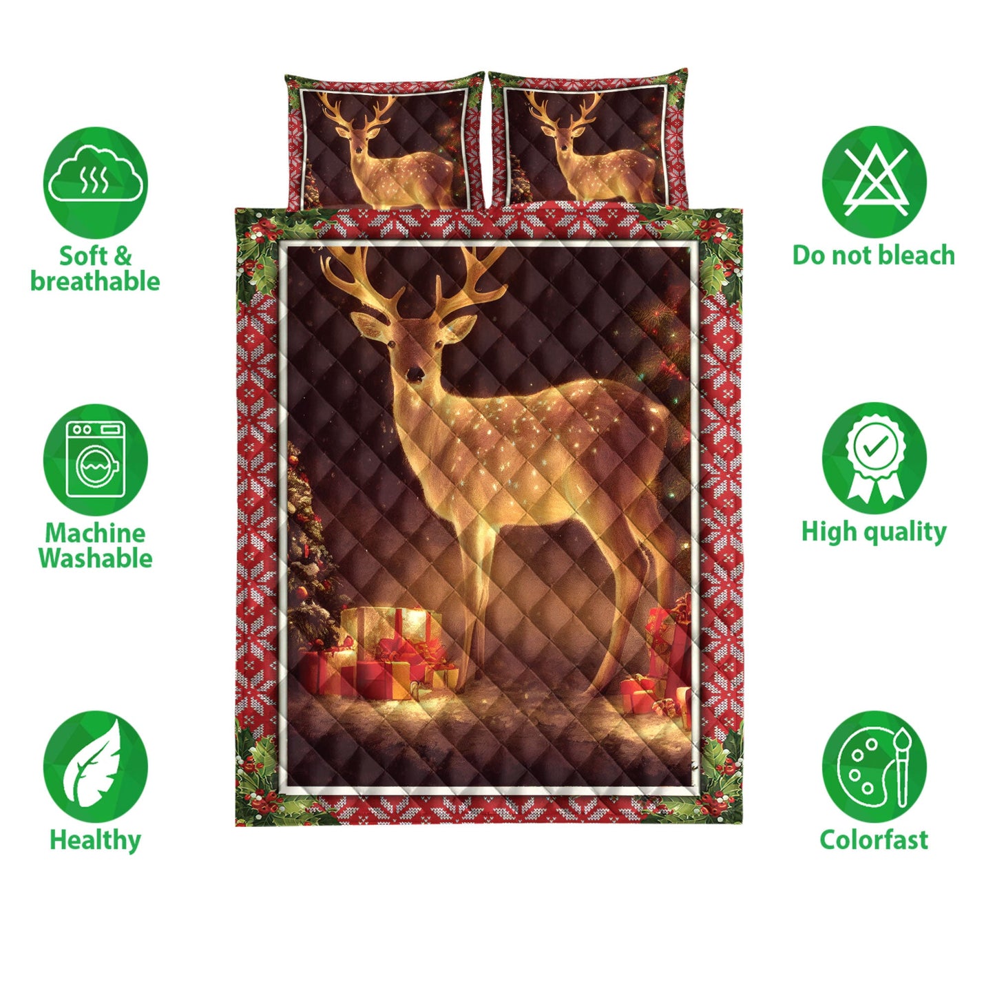 Deer Quilt Set, Lovely Deer Withmas Tree And Boxmass Quilt Blanket With Pillowcases, Quilt Bedding Set, Christmas Gift