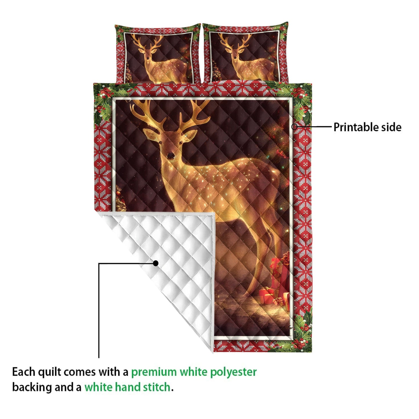 Deer Quilt Set, Lovely Deer Withmas Tree And Boxmass Quilt Blanket With Pillowcases, Quilt Bedding Set, Christmas Gift