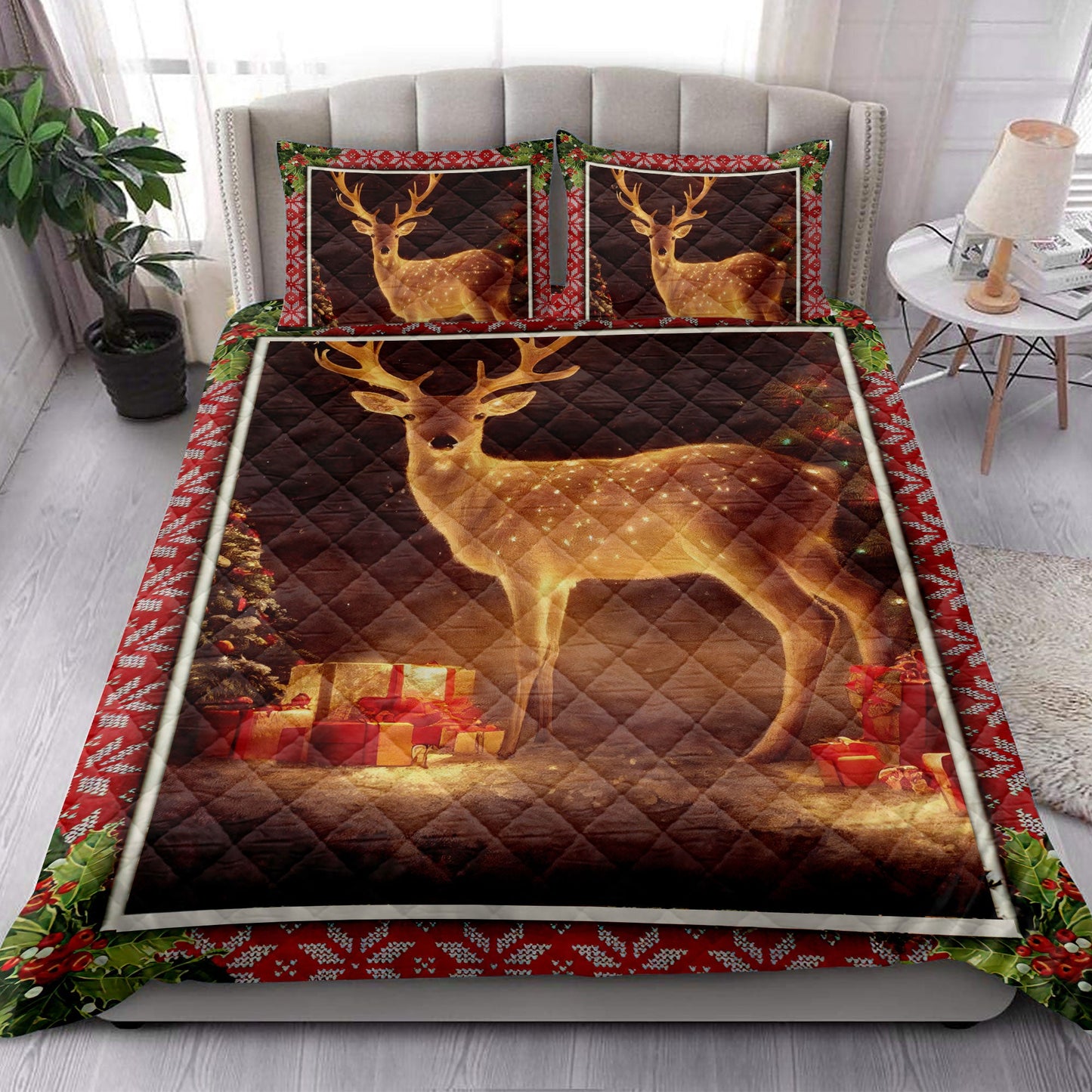 Deer Quilt Set, Lovely Deer Withmas Tree And Boxmass Quilt Blanket With Pillowcases, Quilt Bedding Set, Christmas Gift