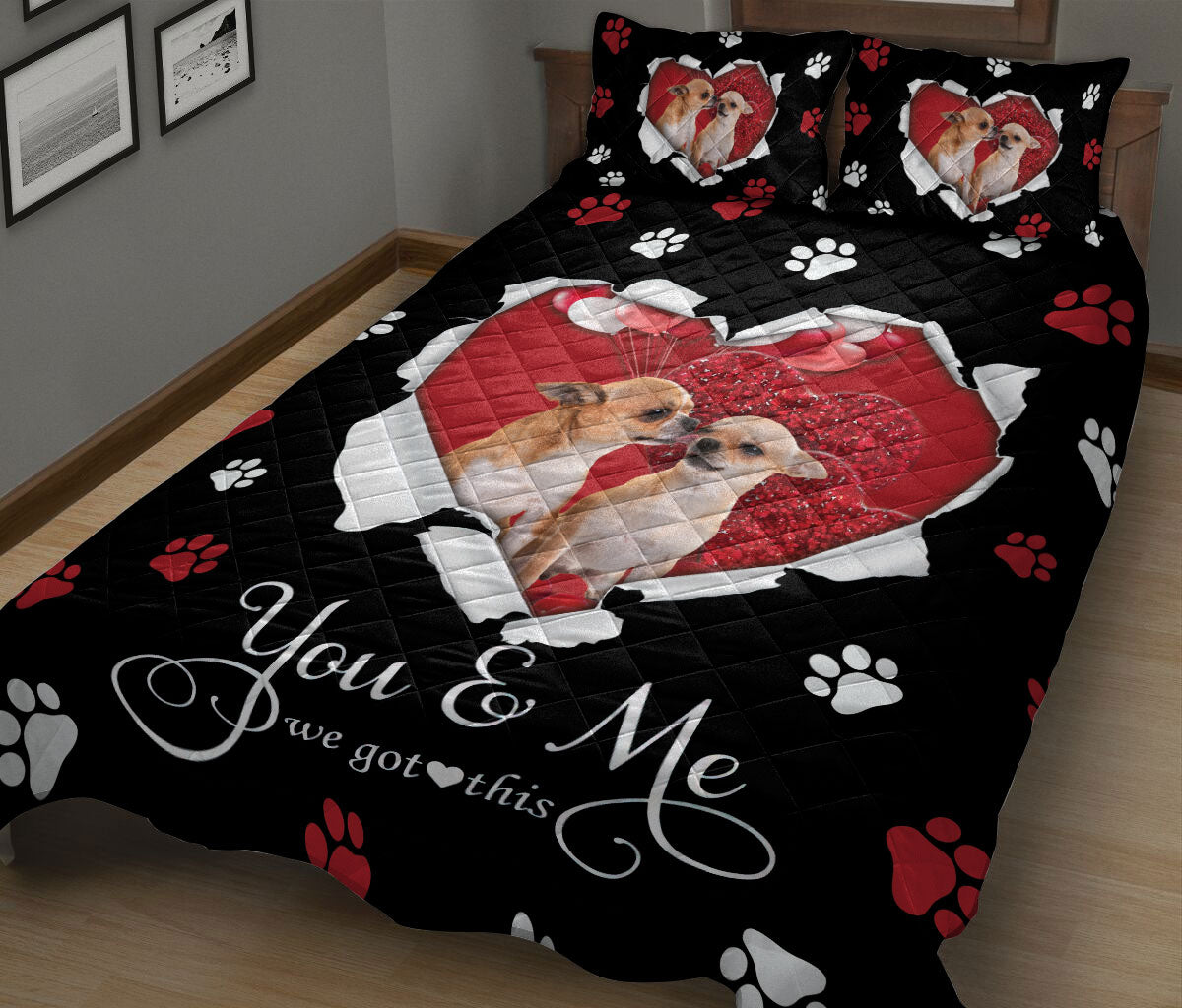 Dachshund Quilt Set, Dachshund Weiner Doxie Couple Dog Love Adorable Heart Quilt Blanket With Pillowcases, Quilt Bedding Set