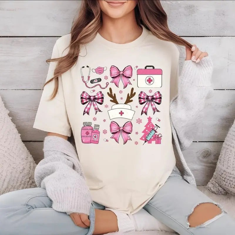 Retro Pink Nurse Coquette Bow Shirt, Nurse Shirt, Christmas Nurse Shirt, Xmas Coquette Bow Nurse Shirt, Merry Christmas Tee, Nurse Gift Tee