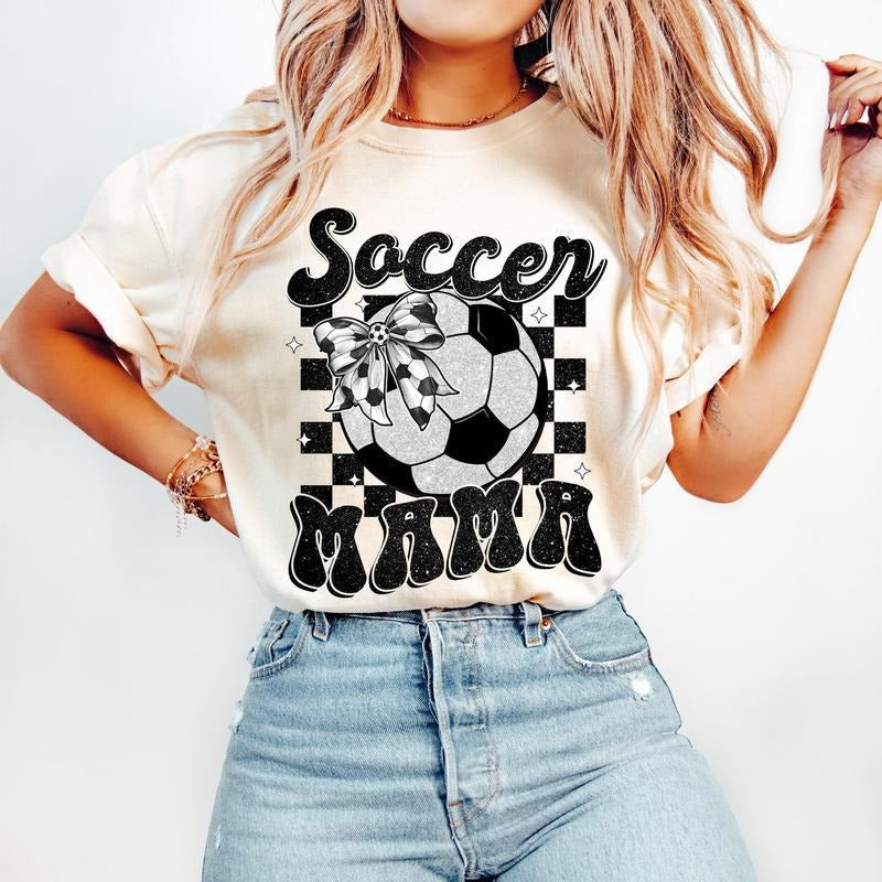 Retro Soccer Mama Coquette T-Shirt, Soccer T-Shirt, Game Day Soccer T-Shirt, Soccer Bow T-Shirt, Soccer Mom T-Shirt, Checkered Soccer Shirt, tshirt hot trend 2025