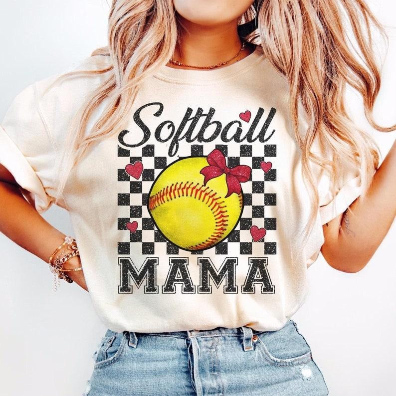 Retro Softball Mama Coquette T-shirt, Softball, Game Day, Coquette, Checkered Bow