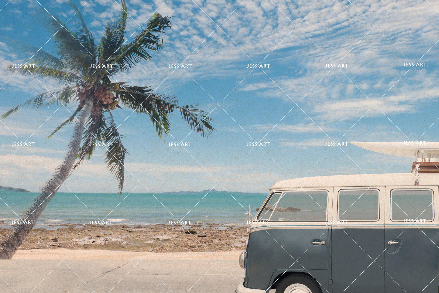 3D Blue Sea Minibus Coconut Tree Quilt Cover Set Bedding Set Pillowcases 14