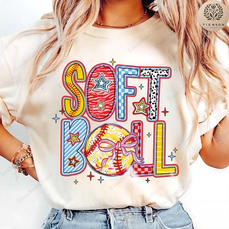 Softball Coquette Bow Mama Brushstroke Game Day Softball Mom T-Shirt