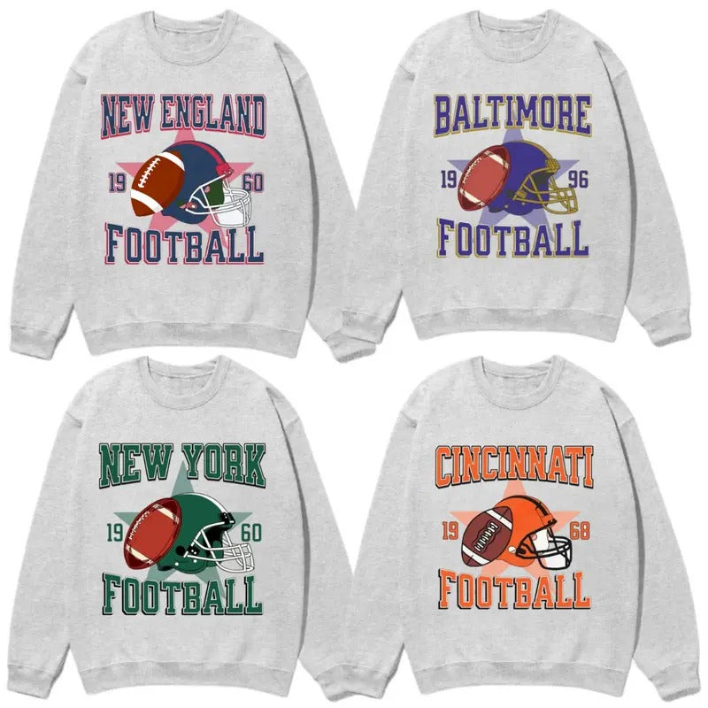 Vintage Style All Teams Football Sweatshirt and Hoodie, Cincinnati Football, New England Football, Baltimore Football, New York Football Sweatshirt, Unisex Womens Mens Shirt Gift Classic Cotton