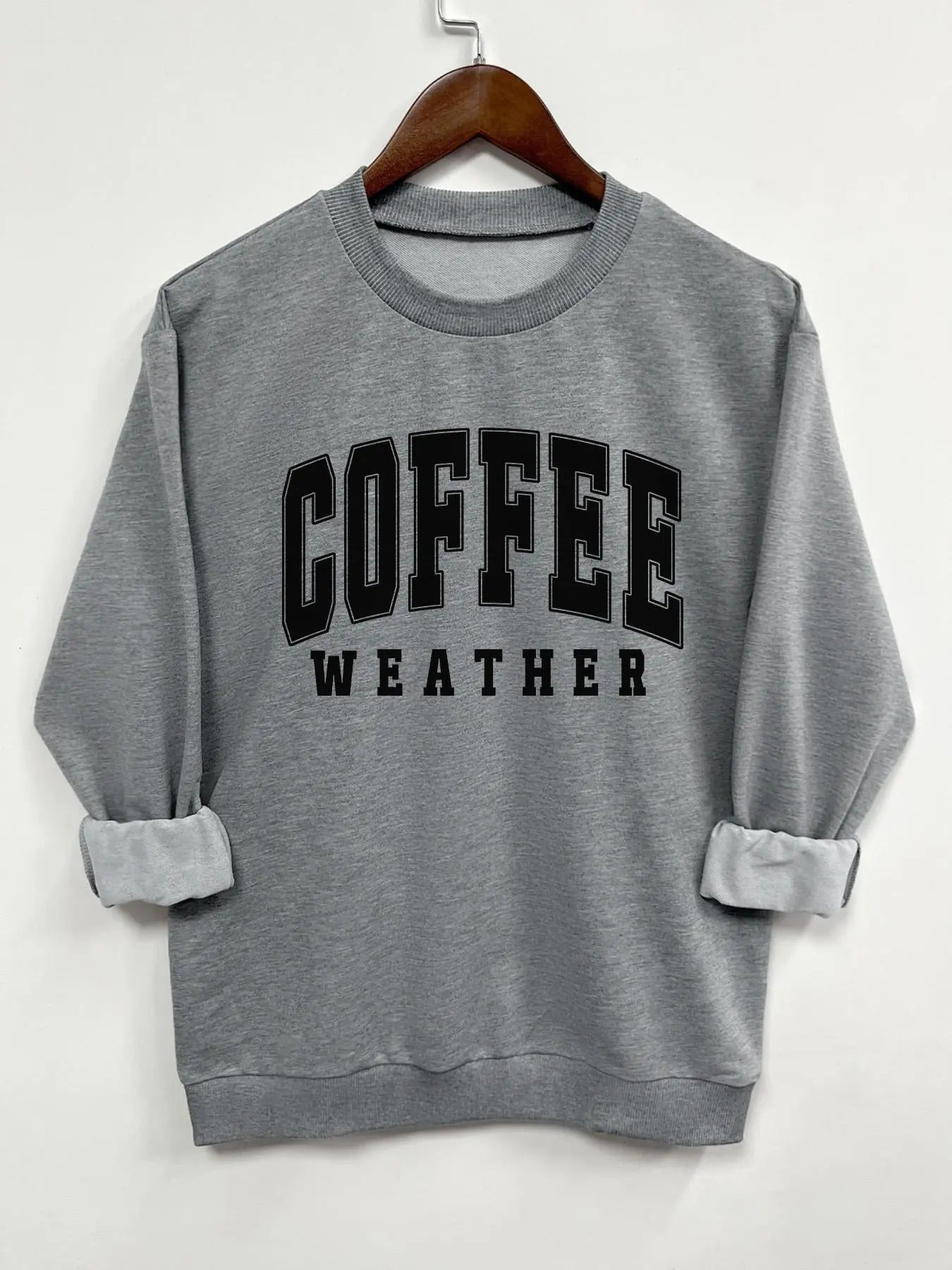 Women's "Coffee Weather" Letter Print Drop Shoulder Sweatshirt, Casual Long Sleeve Round Neck Pullover for Spring & Fall, Ladies Clothes for Daily Wear